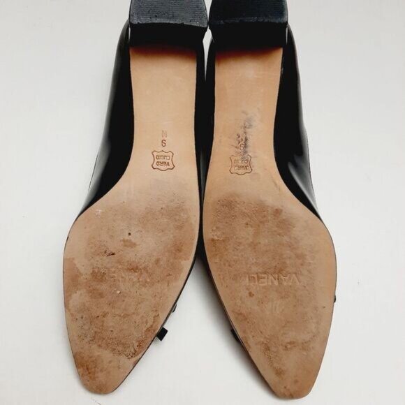 VANELI Bow & Cut-Out Low Heel Navy Blue Patent Genuine Leather Classy Pumps Sz 9 - Picture 14 of 16